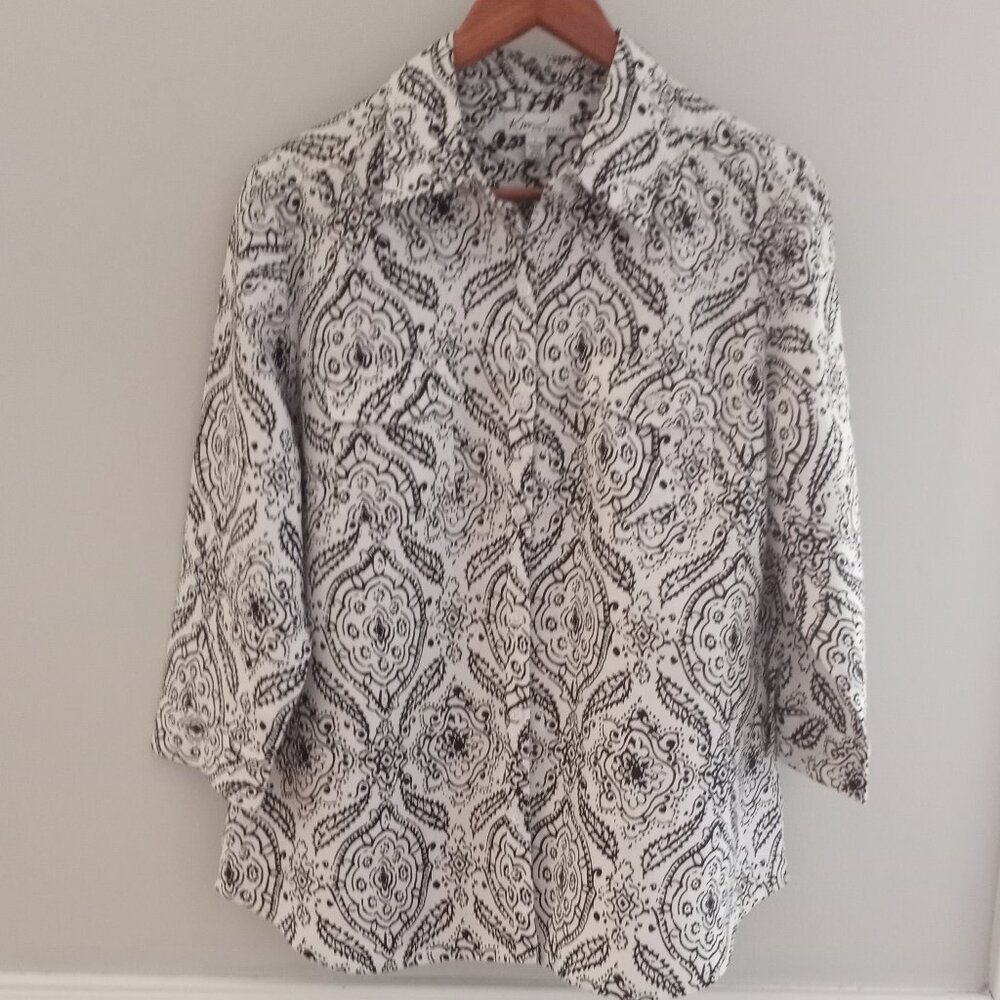'KIM ROGERS' For Belk Store 100% Linen Shirt 3/4 Sleeve Roll Tab Pockets Size L